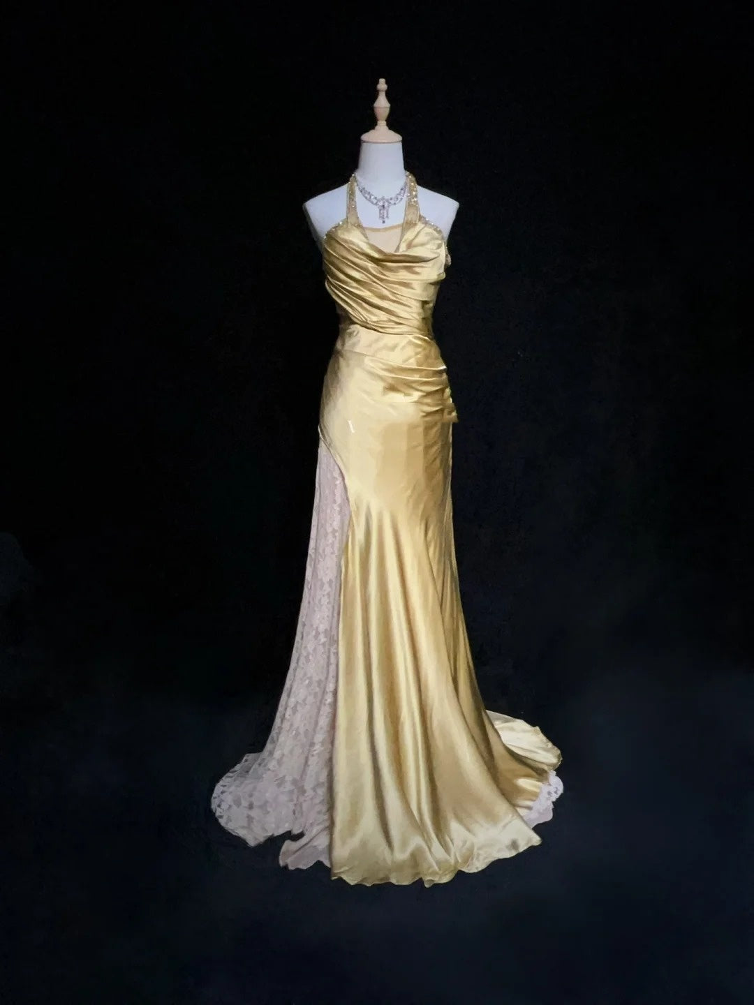 Modest Prom Dresses Mermaid Halter Gold Satin With Beading Lace Long Formal Evening Dress N3865