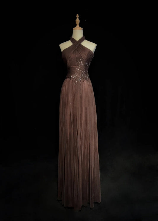 Vintage Prom Dresses Inspo A Line Halter Chocolate Chiffon Long 1990s With Beading Formal Gowns N3339