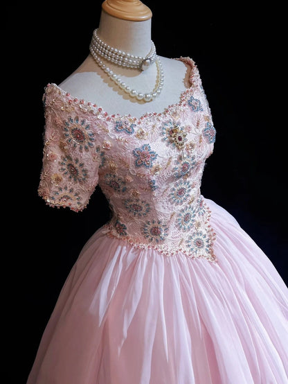 Princess Prom Dresses Ball Gown Scoop Pink Tulle Half Sleeves Evening Long Quince Dress N3285