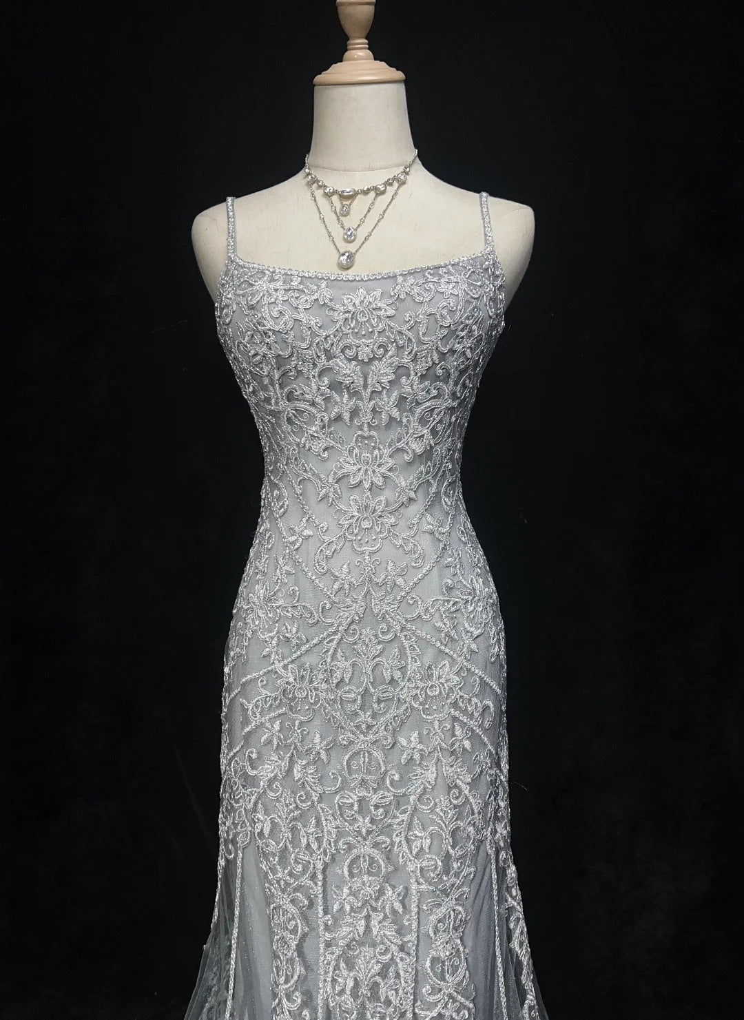Dreamy 90s Prom Dresses Mermaid Spaghetti Strap Grey With Lace Formal Evening Outfits N3829