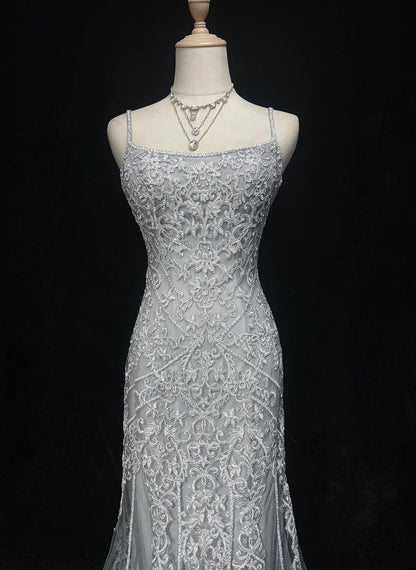 Dreamy 90s Prom Dresses Mermaid Spaghetti Strap Grey With Lace Formal Evening Outfits N3829
