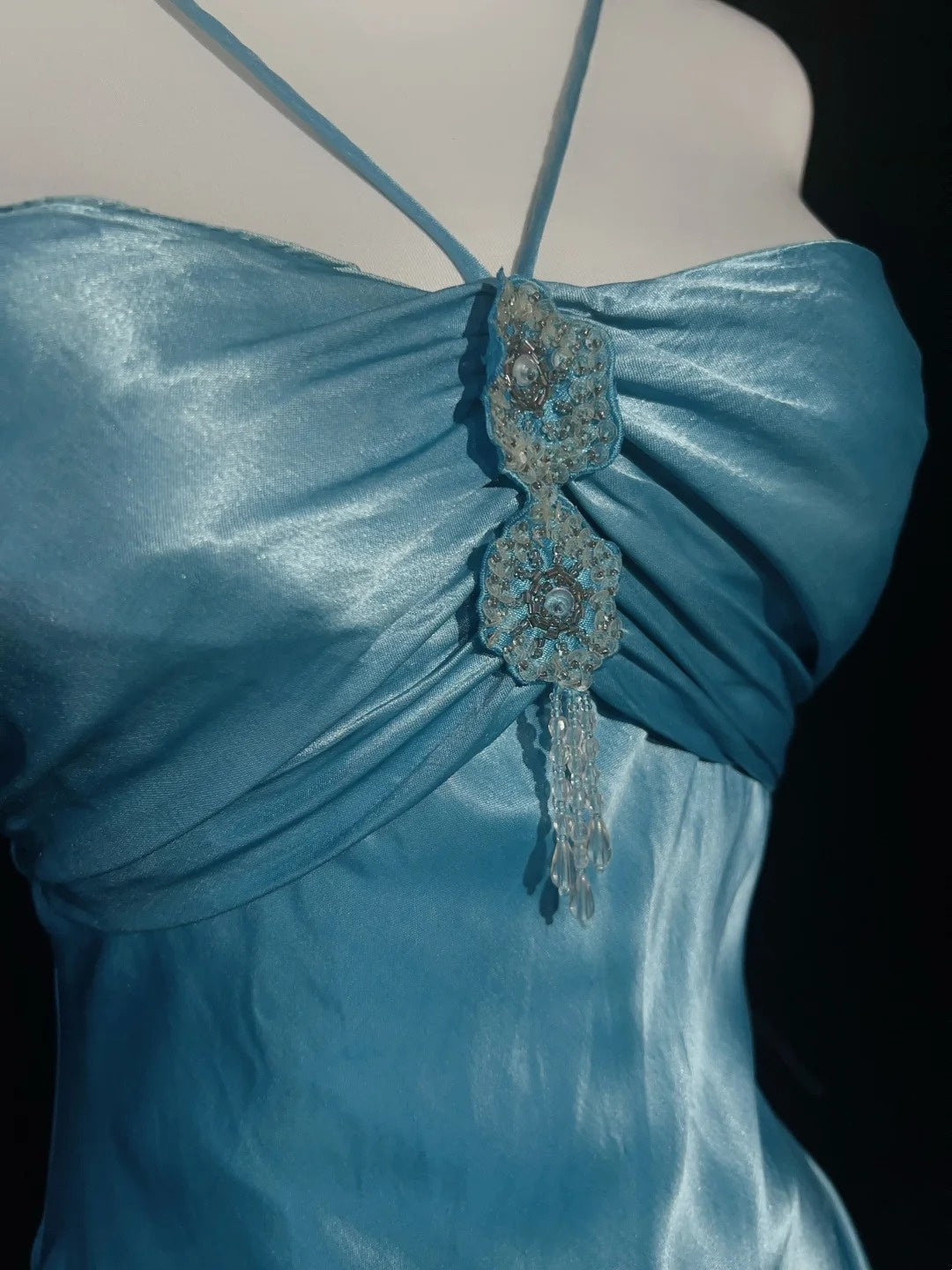 Modest Prom Dresses Mermaid Halter Blue Satin Sleeveless With Ruffled Formal Evening Dress N3828