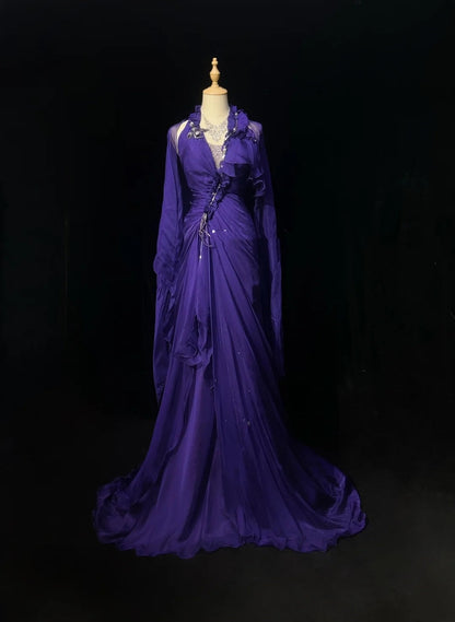 Vintage Prom Dresses 1960s Mermaid V Neck Purple Chiffon With Ruffled Long Prom Gown N3110