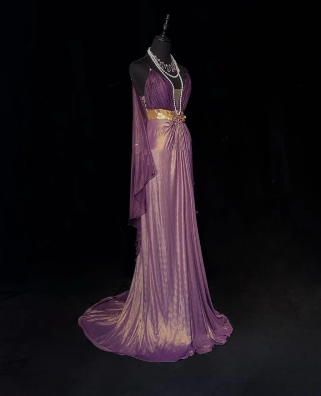Charming Prom Dresses A line Spaghetti Strap Purple Chiffon With Cape Long Formal Evening Dress N3897