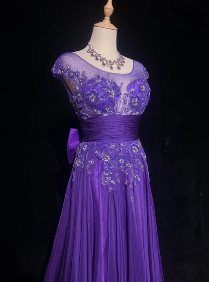 Vintage Prom Dresses A Line Bateau Purple Chiffon 80s With Beading Long Formal Evening Outfits N3899