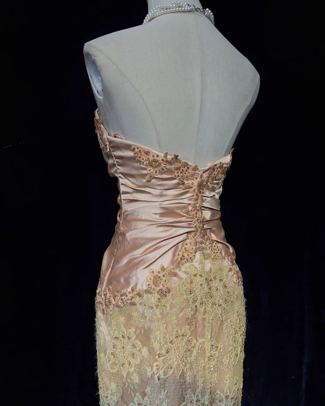Glamour Prom Dresses Mermaid Strapless Blush Pink Satin Gold Lace With Beading Formal Evening Outfits N3835
