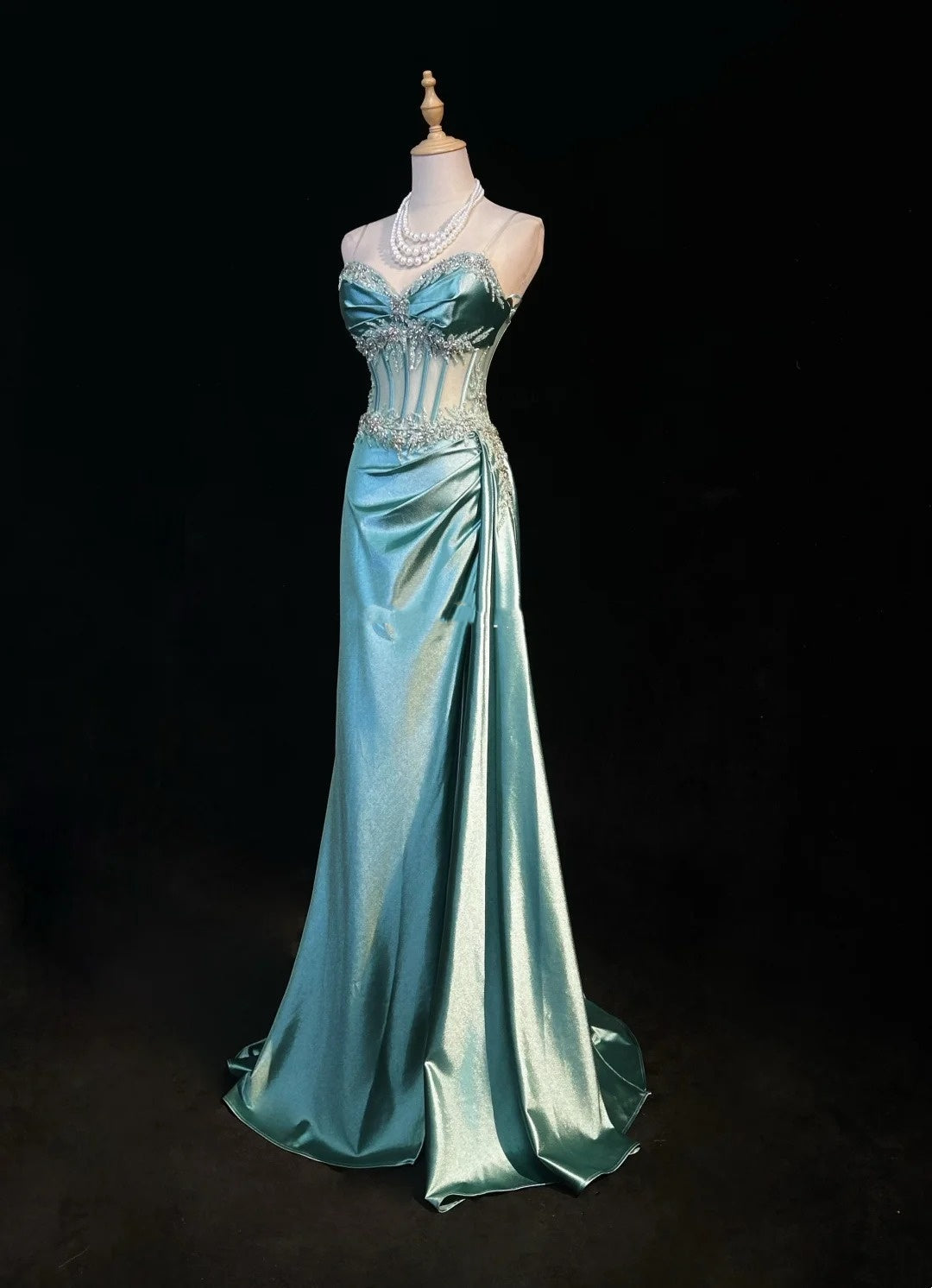 Elegant Prom Dresses Inspo Mermaid Spaghetti Strap Blue Satin With Ruffled Beading For Women Formal Dress N3228