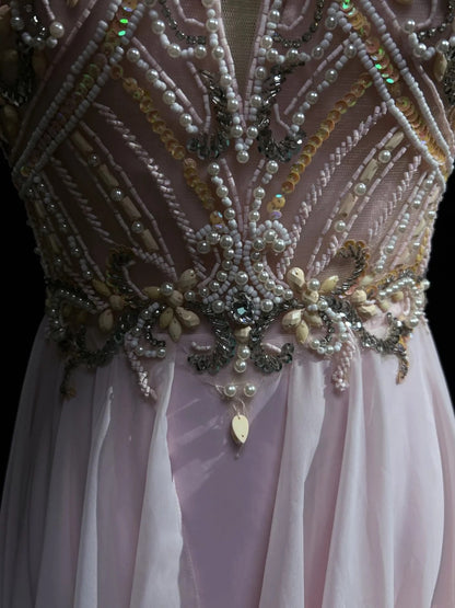 Vintage Prom Aesthetic Dresses A Line Jewel Pearl Pink Chiffon With Beading Long Formal Dress N3033