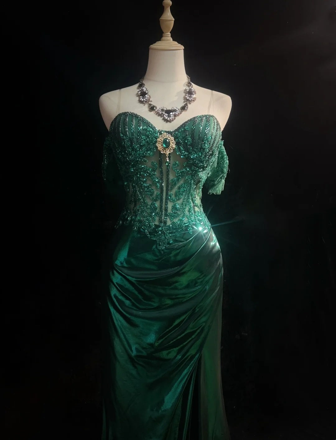 Modest Prom Dresses Inspo Mermaid Off The Shoulder Dark Emerald Green Slit Lace 80s Long Formal Gowns N3389
