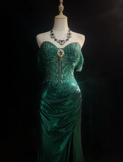 Modest Prom Dresses Inspo Mermaid Off The Shoulder Dark Emerald Green Slit Lace 80s Long Formal Gowns N3389