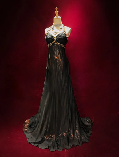 Vintage Prom Dresses 80s Mermaid Halter Black Tie Dress With Beading Semi Formal Evening Outfits N3643