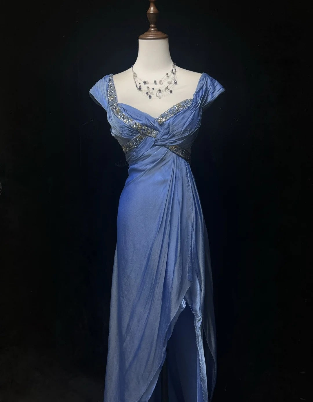 Vintage Prom Dresses A Line Sweethart Blue Chiffon With Beading Long Formal Evening Outfits N3869