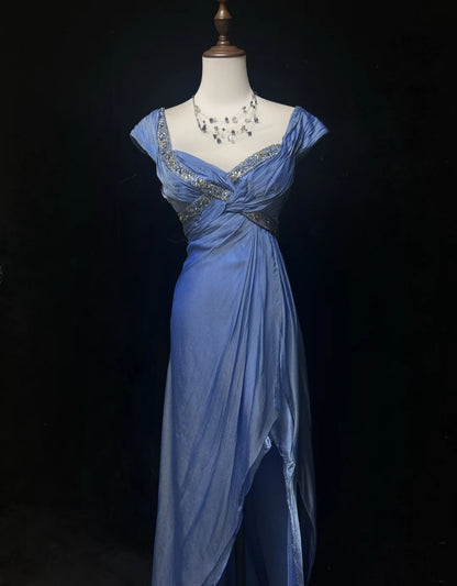 Vintage Prom Dresses A Line Sweethart Blue Chiffon With Beading Long Formal Evening Outfits N3869