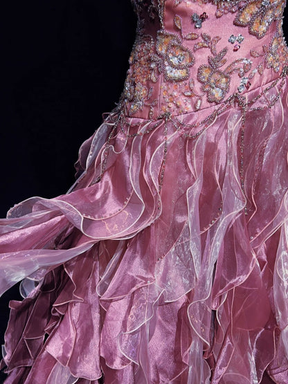 Princess Prom Dresses Ball Gown Strapless Pink Tulle Tiered Layers Evening Long Quince Dress N3286