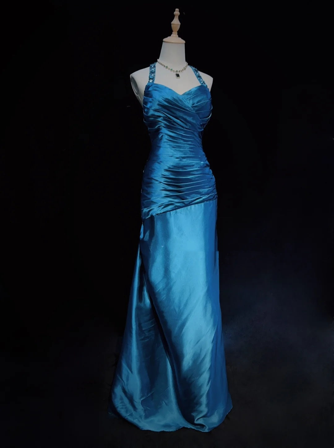 Vintage Prom Dresses Inspo Mermaid Halter Blue Satin Long 1990s With Pleated Formal Gowns N3356