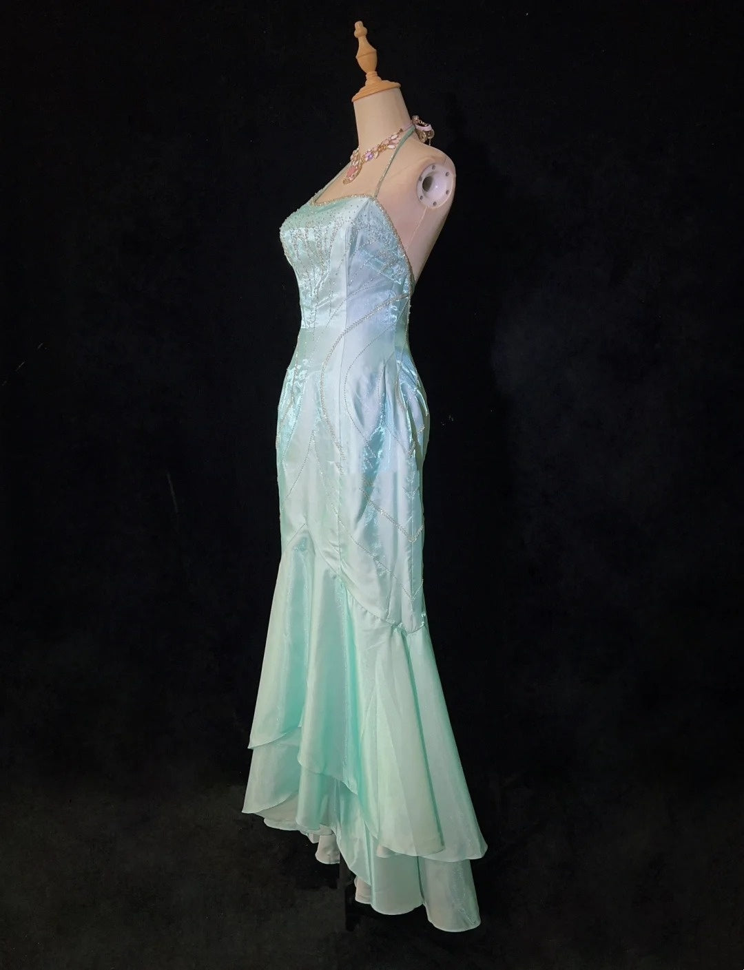 Vintage Prom Dresses 80s Mermaid Halter Blue Sleeveless With Cape Beading Semi Formal Evening Outfits N3616