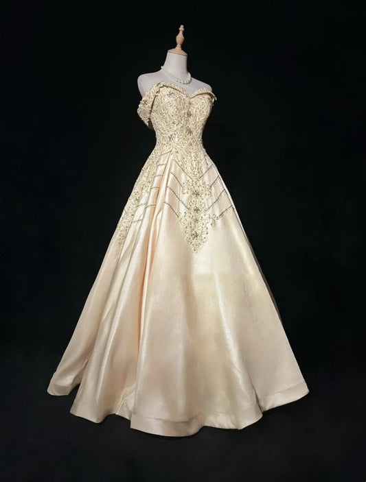 Vintage Prom Dresses 80s Ball Gown Off The Shoulder Champagne With Beading Evening Outfits N3468
