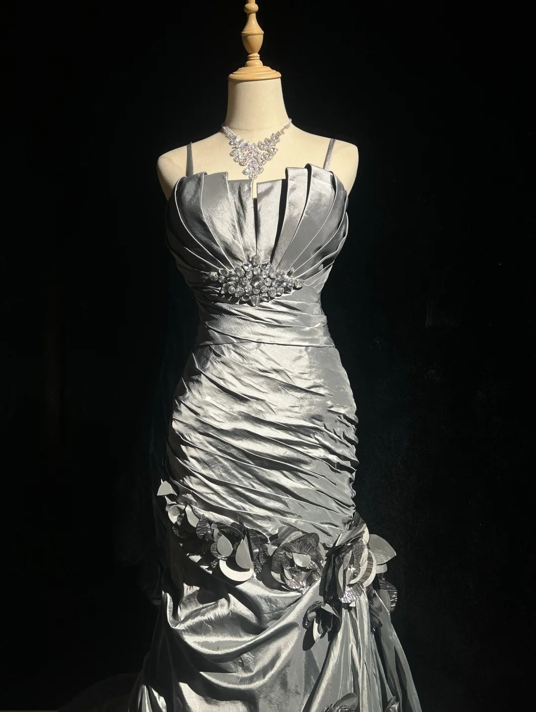 Beautiful Prom Dresses Mermaid Spaghetti Strap Silver Gray With Flowers Long Formal Evening Outfits N3684