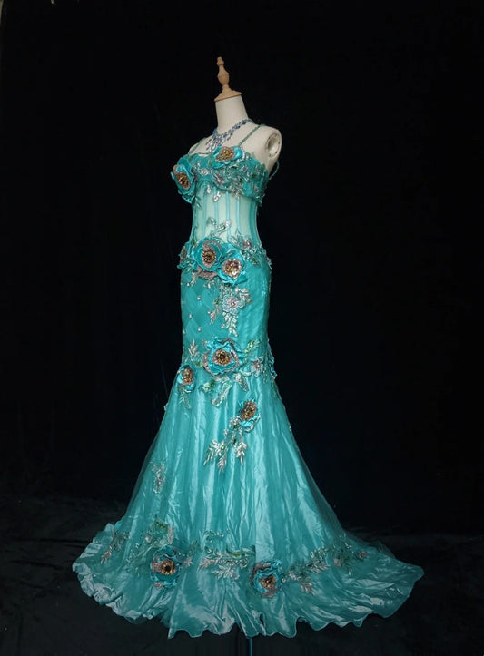Modest Prom Dresses Mermaid Spaghetti Strap Blue Tulle Sleeveless Long Formal Evening Outfits N3637