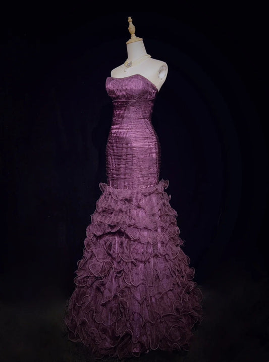 Modest Prom Dresses Inspo Mermaid Sweetheart Purple Tulle Ruffled 80s Long Formal Gowns N3395