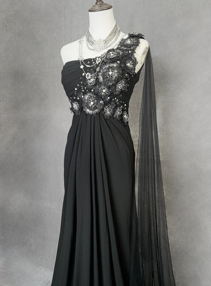Charming Prom Dresses Mermaid One Shoulder Black Tie Dress With Beaded Long Formal Evening Outfits N3699