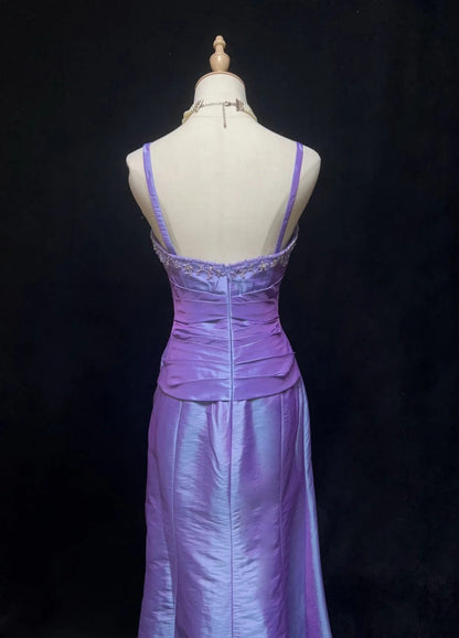Simple Prom Dresses Sheath Spaghetti Strap Lilac Floor Length Taffeta Formal Evening Dress N3696
