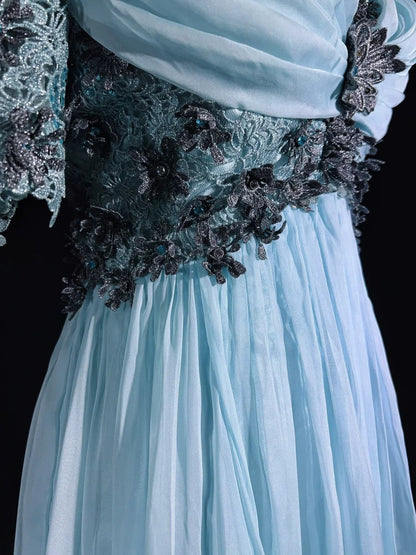 Vintage Prom Dresses 1960s A line V Neck Light Sky Blue Chiffon With Appliqued Long Prom Gown N3109