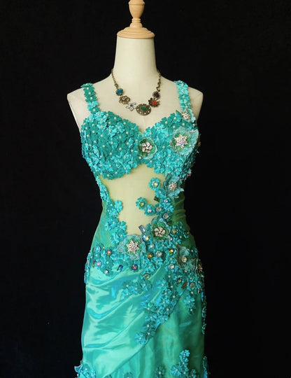 Elegant Prom Dresses Mermaid Spaghetti Strap Green Tulle With Flowers Floor Length Formal Evening Outfits N3490