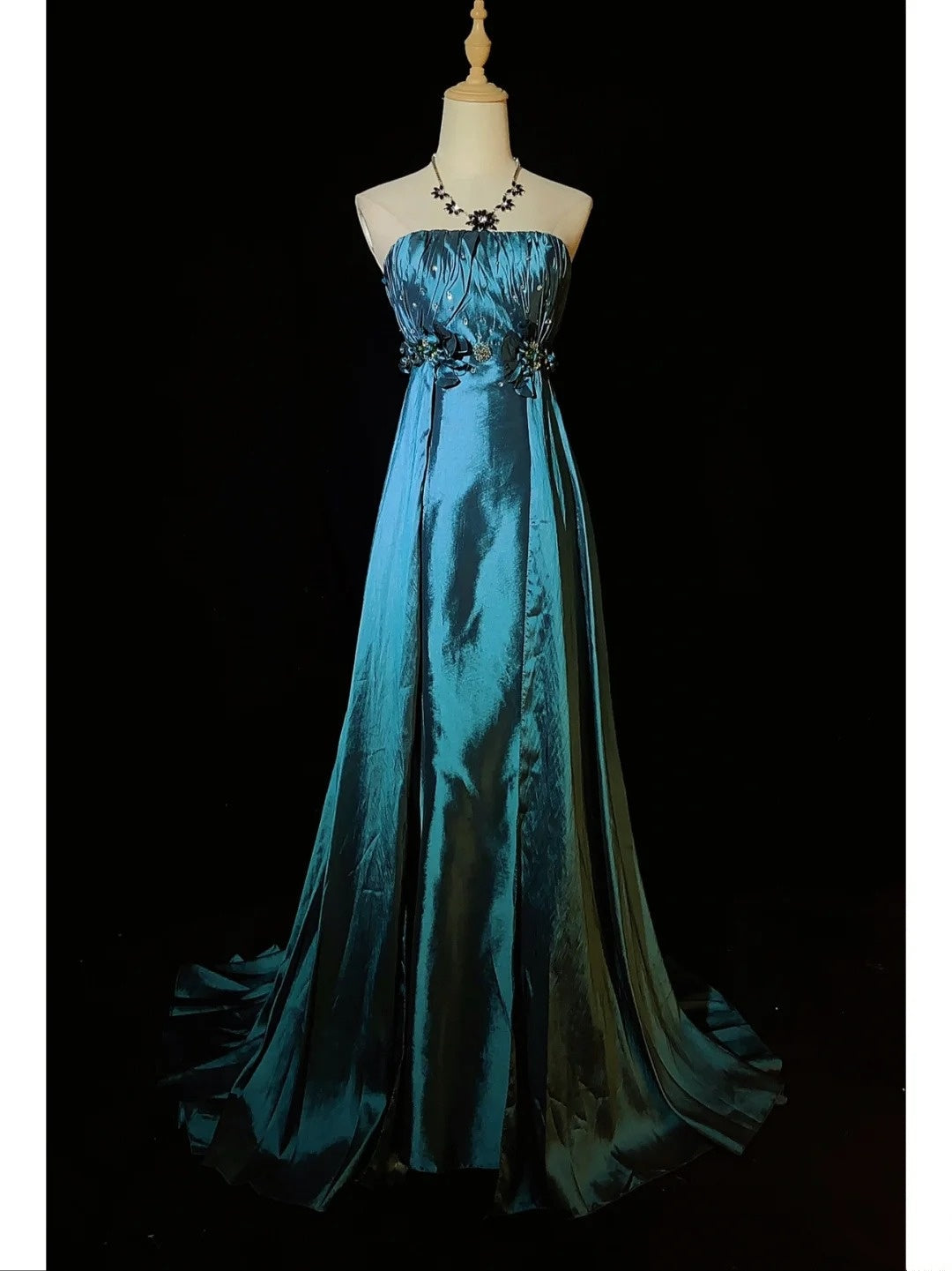 Vintage Prom Dresses Inspo A line Strapless Teal Blue Satin With Folded For Women Formal Dress N3258