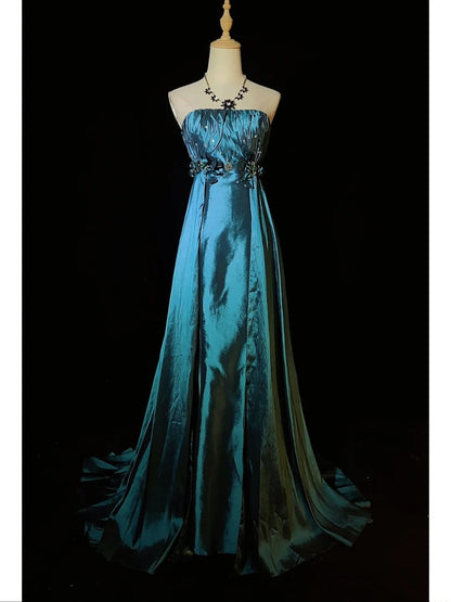 Vintage Prom Dresses Inspo A line Strapless Teal Blue Satin With Folded For Women Formal Dress N3258
