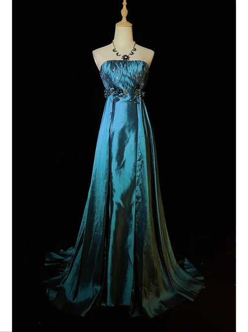 Vintage Prom Dresses Inspo A line Strapless Teal Blue Satin With Folded For Women Formal Dress N3258