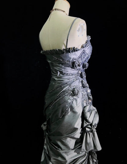 Modest Prom Dresses Mermaid Spaghetti Strap Grey Satin With 3D Flowers Formal Outfits N3653