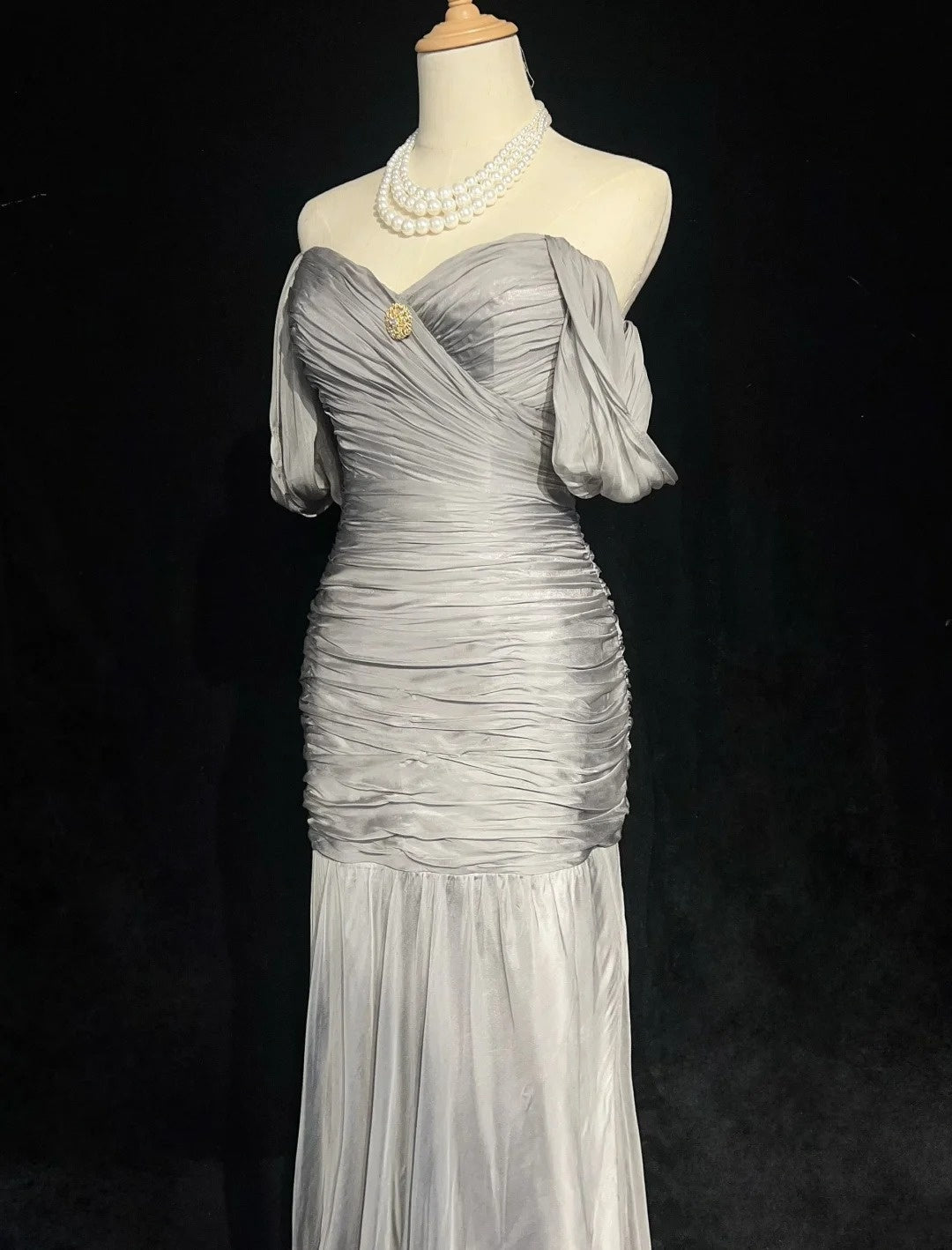 Modest Prom Dresses Mermaid Off The Shoulder Gray Chiffon With Sleeves Formal Evening Dress N3847
