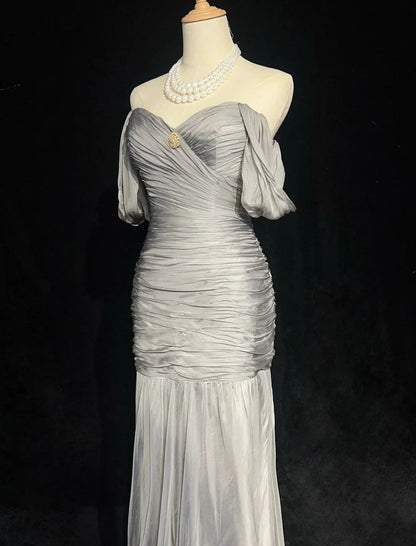 Modest Prom Dresses Mermaid Off The Shoulder Gray Chiffon With Sleeves Formal Evening Dress N3847
