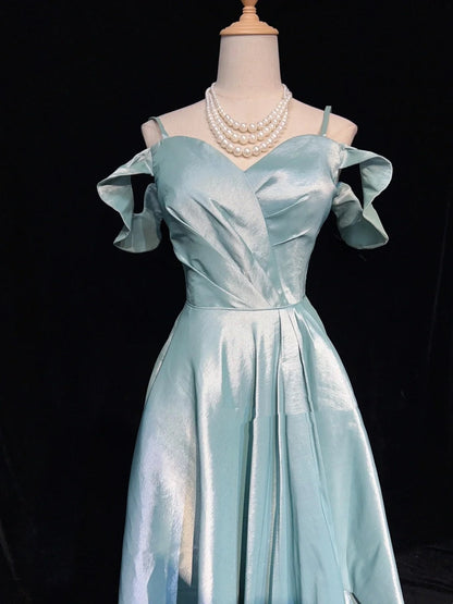 Elegant Chic Prom Dresses A line Spaghetti Strap Light Sky Blue Satin With Sleeves Semi Formal Evening Gowns N3800