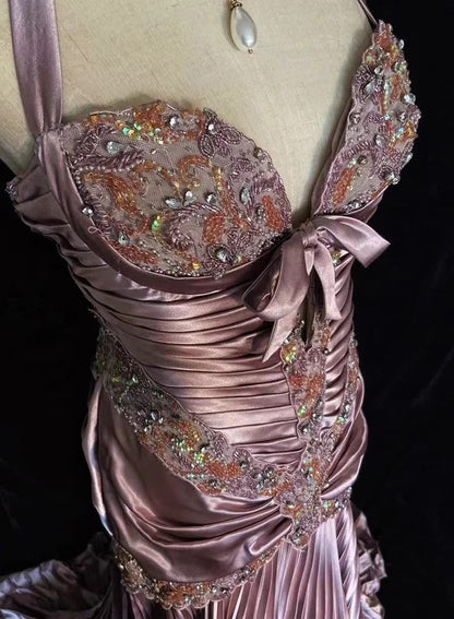 Vintage Prom Dresses 80s Mermaid Halter Pink Satin With Ruffled Long Evening Outfits N3452