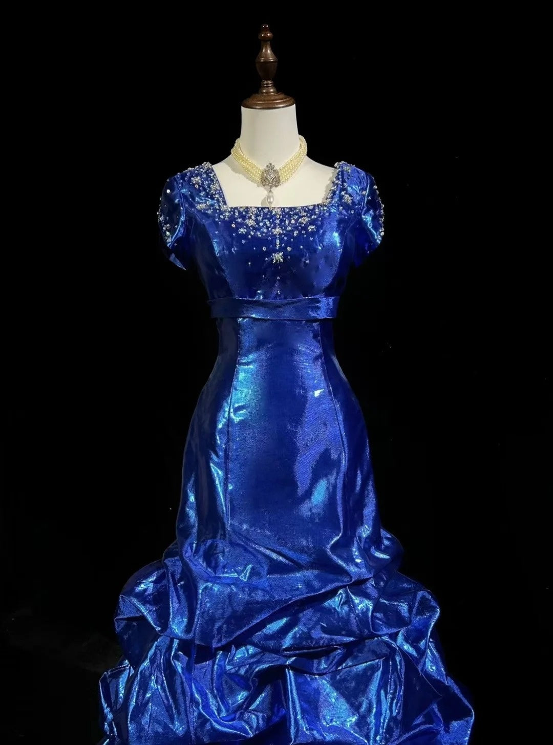 Vintage Prom Dresses 1960s Mermaid Square Neck Royal Blue Organza With Beaded Long Prom Gown N3116