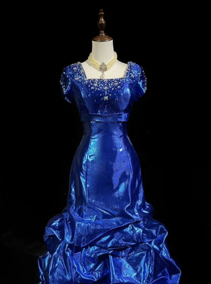 Vintage Prom Dresses 1960s Mermaid Square Neck Royal Blue Organza With Beaded Long Prom Gown N3116
