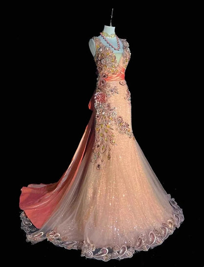 Vintage Prom Dresses Mermaid Straps Light Pink Sequined Lace With Flowers Long Evening Outfits N3441