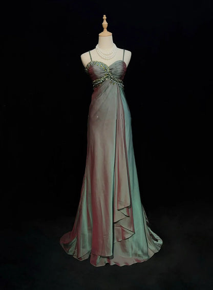 Vintage Prom Aesthetic Dresses A Line Spaghetti Strap Green Chiffon Long Formal Dress N3017