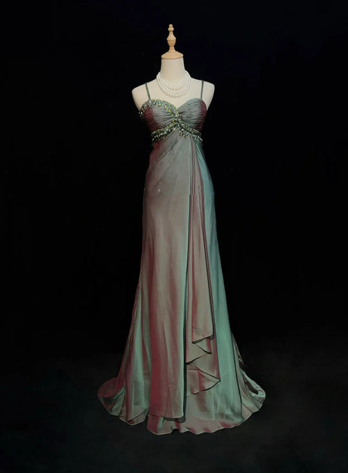 Vintage Prom Aesthetic Dresses A Line Spaghetti Strap Green Chiffon Long Formal Dress N3017