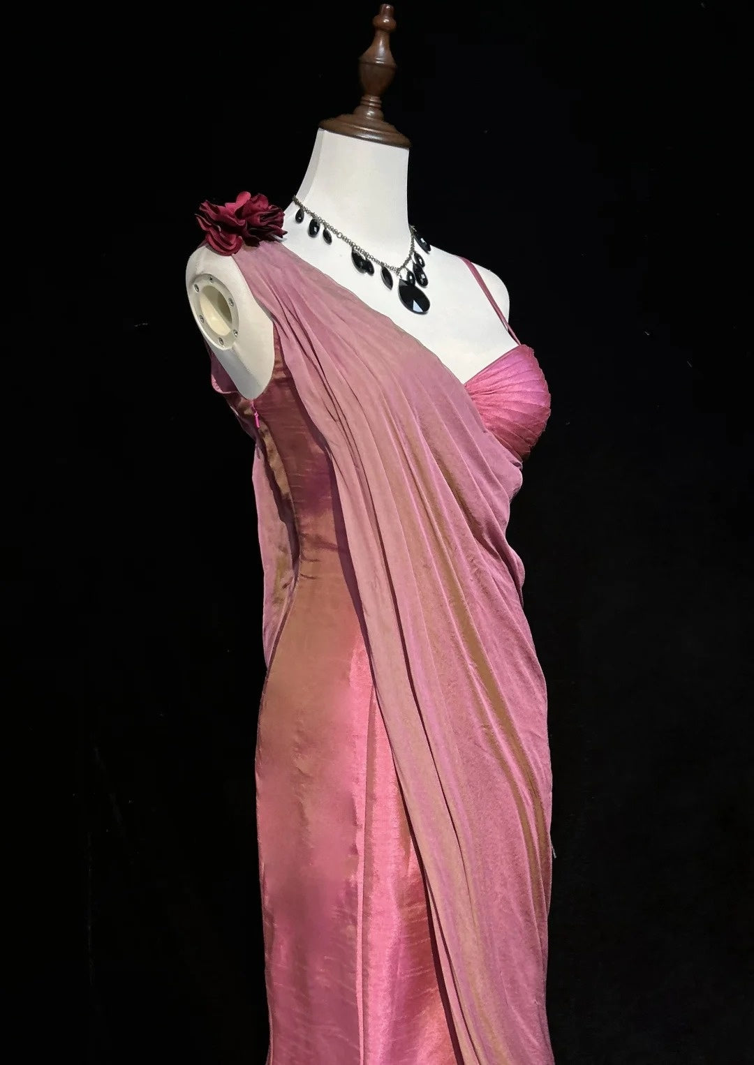 Vintage Prom Dresses 1960s Mermaid Asymmetrical Shoulder Straps Chiffon Pink With Ruffled Long Prom Gown N3095