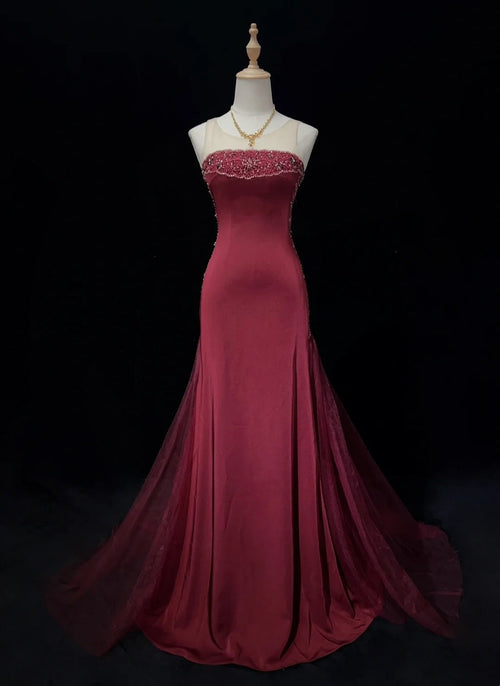 Vintage Prom Dresses Inspo Mermaid Strapless Drop Waist 90s Burgundy Satin With Beading For Women Formal Gowns N3309