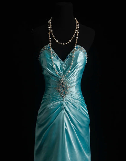 Vintage Mermaid Sweetheart Blue Satin Sleeveless Summer Formal For Women Girls Teens Prom Dresses N2247