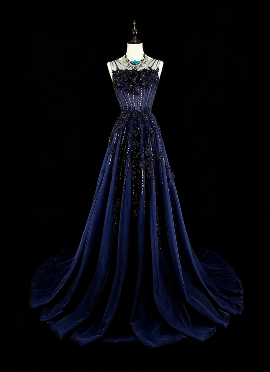 Vintage 1780s A line Sweetheart Navy Blue Tulle Sleeveless With Beadings Long Prom Dresses N1589