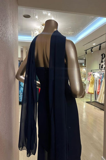 Elegant Mermaid Strapless Navy Blue With Scarf Winter Long Formal Ideas Prom Evening Dress Dinner Outfits Party Gowns For Women AB2024