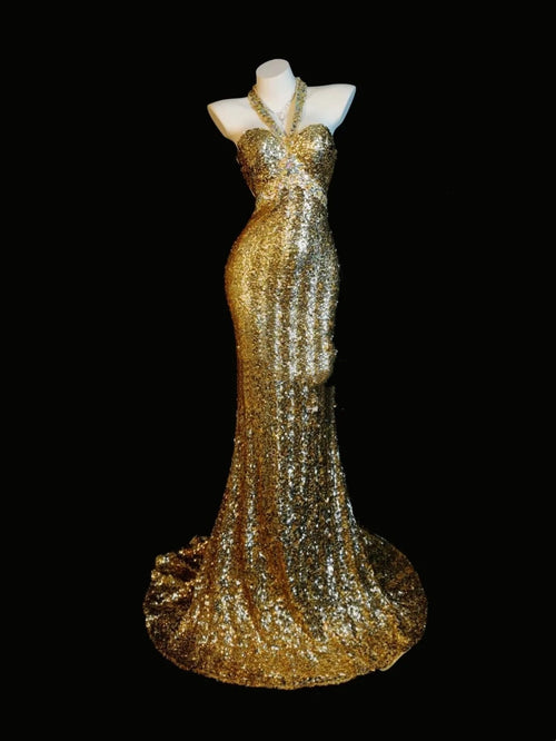 Gorgeous Prom Dresses Mermaid Halter Gold Sequin Backless Sleeveless Formal Evening Outfits N3787