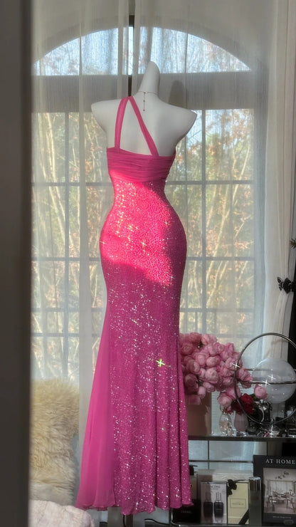 Modest Prom Dresses Mermaid One Shoulder Pink Chiffon Long Evening Outfits N3556