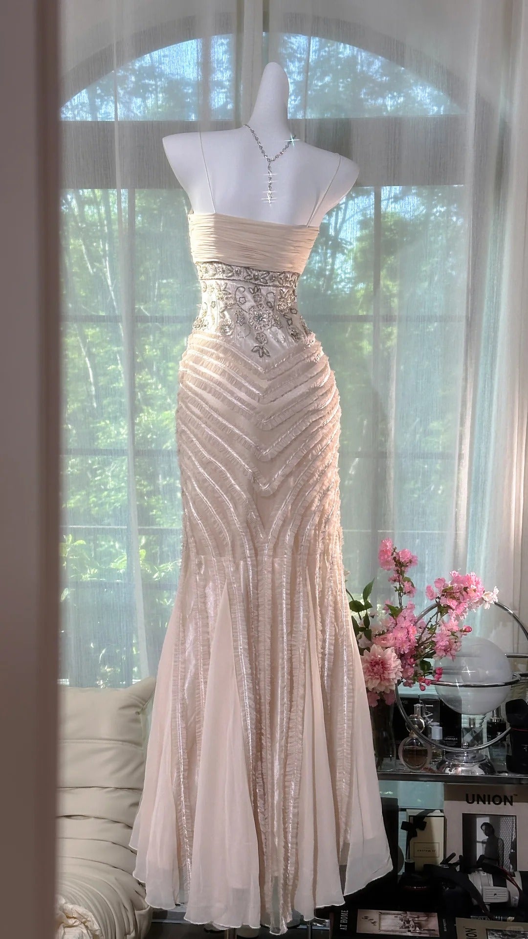 Modest Prom Dresses Mermaid Spaghetti Strap Pink Chiffon With Beading Sleeveless Evening Outfits N3577