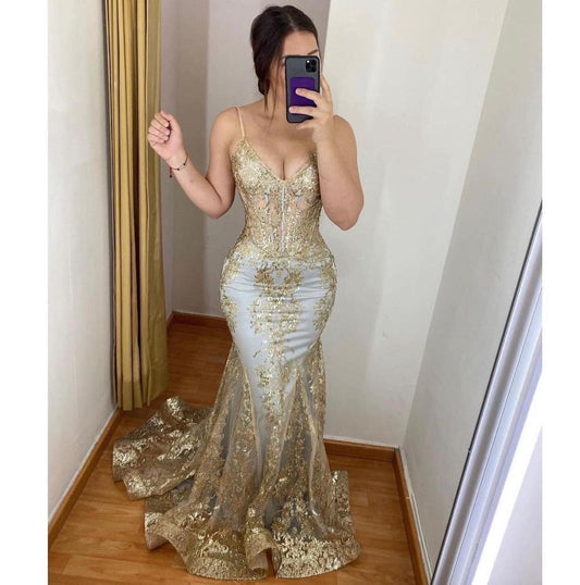 Sexy Mermaid Spaghetti Straps Gold Sequin Inspo For Black Women Girls Formal Party Gowns Long Prom Dresses AB1763